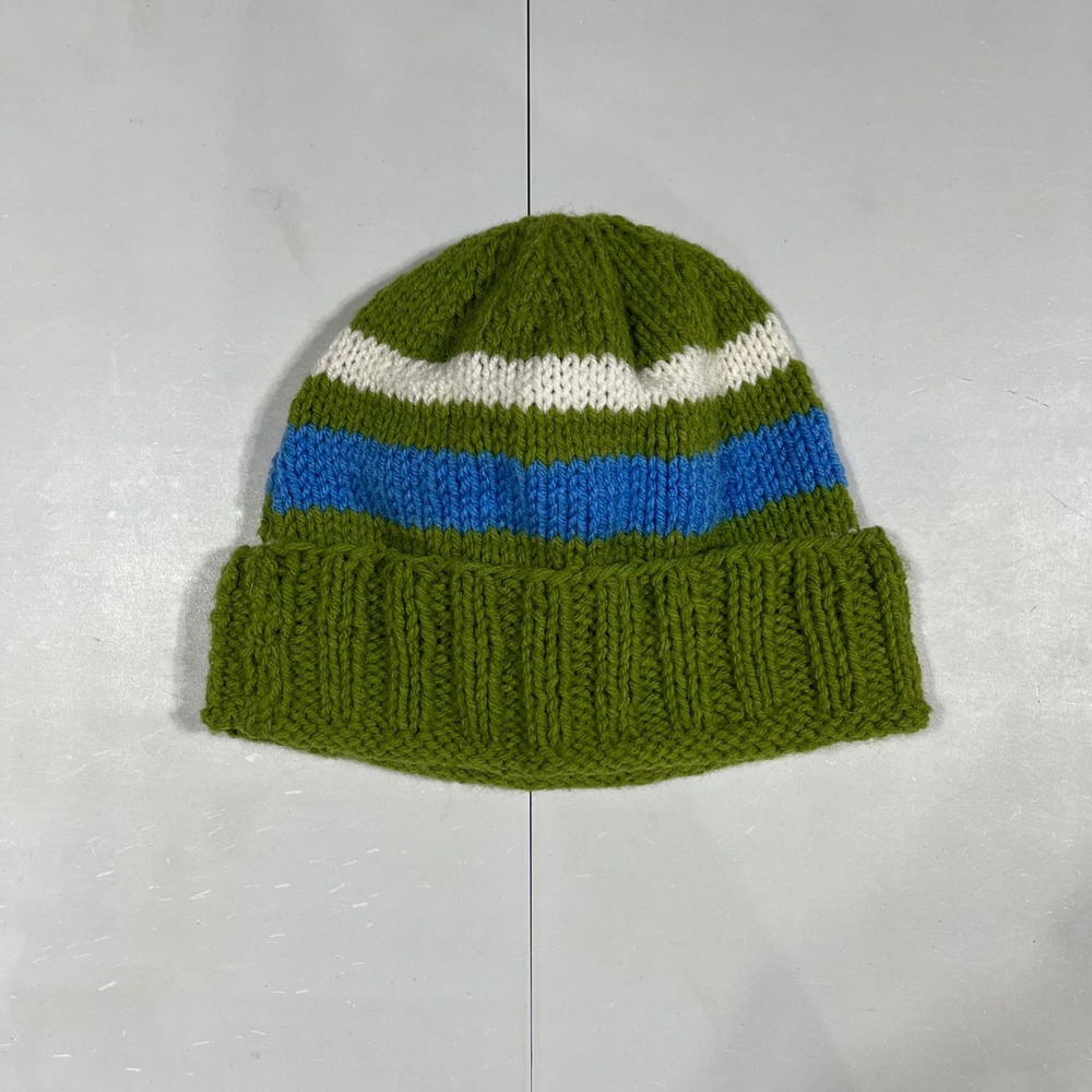 Handmade Y2K 90s Granola Indie Chunky Knit Striped Beanie Green Cuffed Watch Cap
